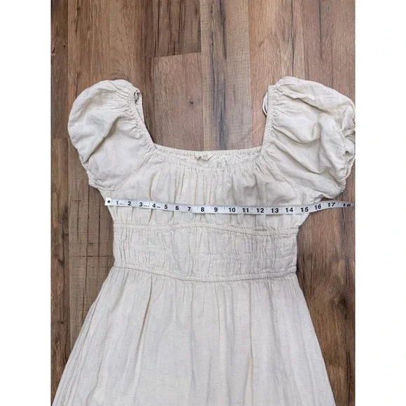 Sim &‎ Sam Linen Blend Midi Dress XL Beige Puff Sleeve Cottagecore Boho - Picture 8 of 8